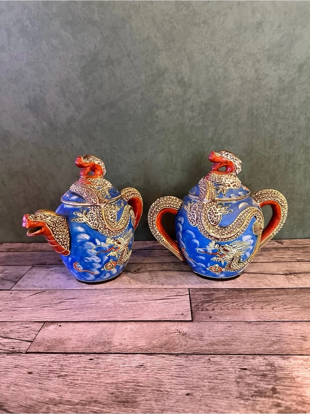 Vintage Japanese Dragonware Teapot & Sugar Bowl Blue Moriage Hand Painted